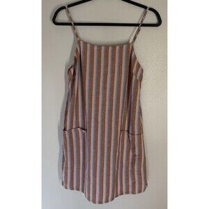 Billabong Striped Mini L Linen Pinafore Beach Coastal Boho Skater Brown Pink